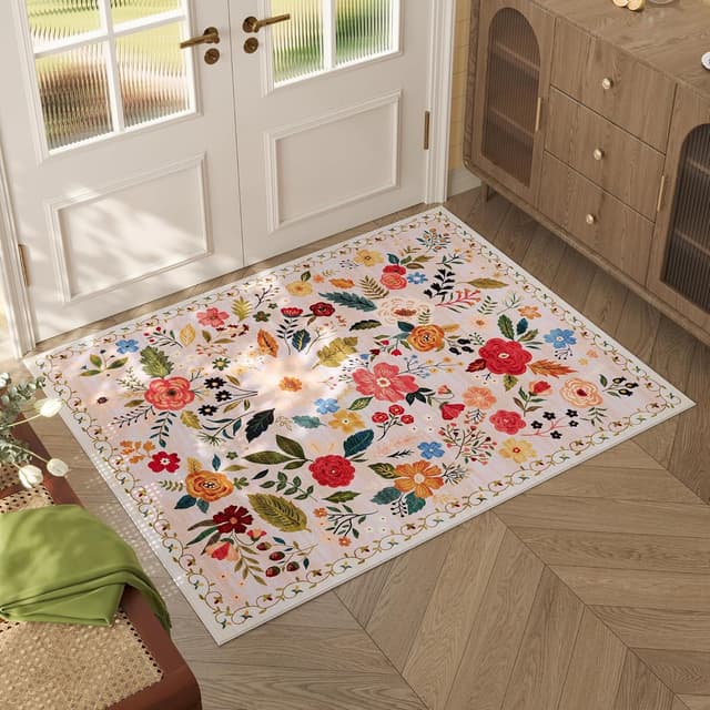 Detalle de Rugcomf 2x3 Indoor Door Mat Rug (Beige) – Machine Washable, Non-Slip Low Pile Boho Floral