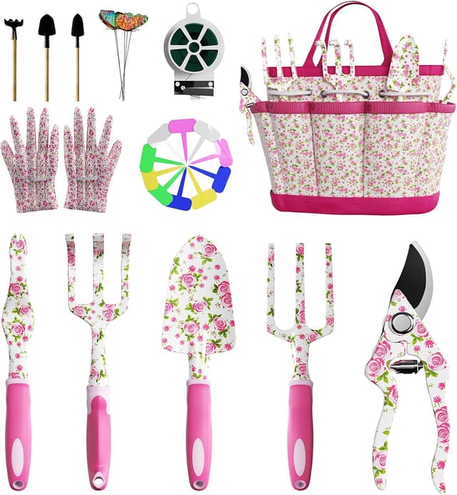 Detalle de MYMULIKE 26-Piece Floral Gardening Tools Set for Women (Gloves & Handbag Gift Box)