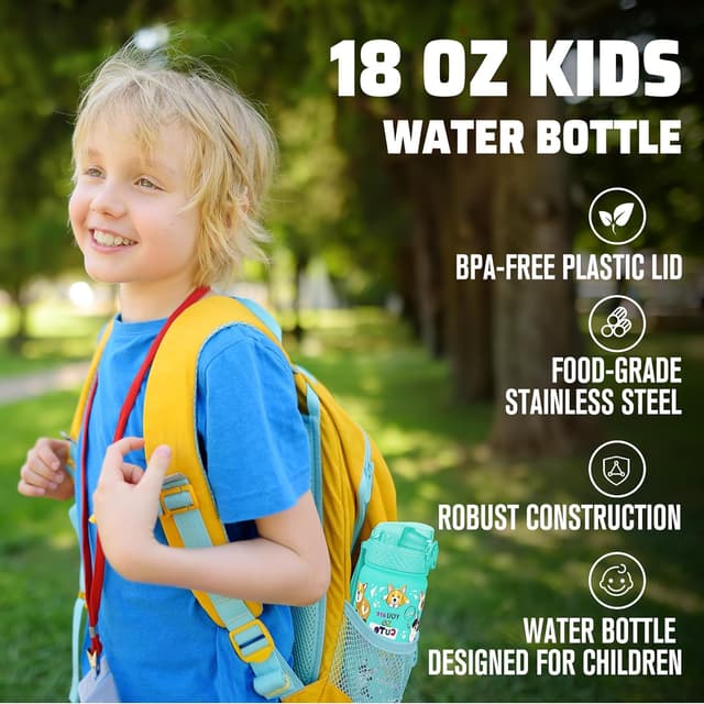 Detalle de GOPPUS Kinder-Trinkflasche 550 ml aus Edelstahl mit Strohhalm, auslaufsicherem Deckel (BPA-frei)