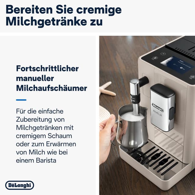 Detalle de De’Longhi Rivelia – Perfetto Kaffeevollautomat mit Milchaufschäumer, 8 One-Touch-Getränken & wechselbaren Bohnenbehältern (beige)