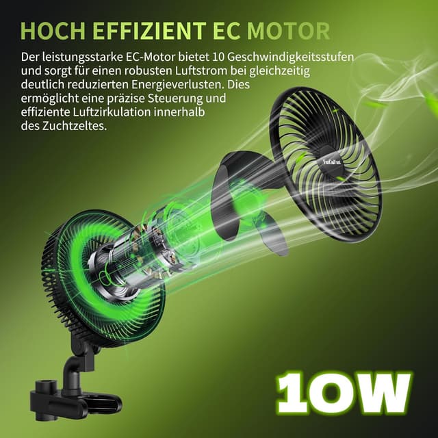 Detalle 2 de FanGoFast Grow-Clip-Ventilator mit Oszillation und EC-Motor (10 Geschwindigkeiten) – 20 cm, 561 m³/h