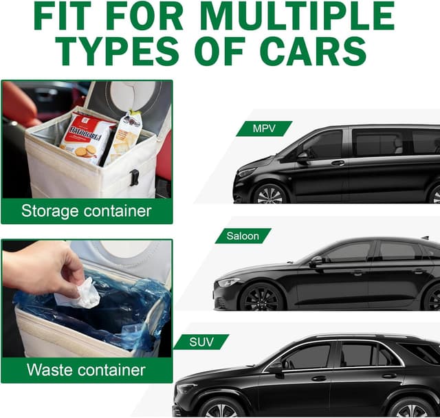 Detalle 2 de Domemit Car Bin (2 Gallons / 8L) – Collapsible waterproof car trash can with lid, pockets & adjustable strap – Beige