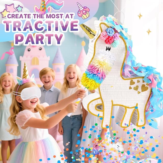 Detalle de 24" Large Rainbow Unicorn Piñata for Birthday Parties — White Magical Unicorn Party Decoration with Gold Horn