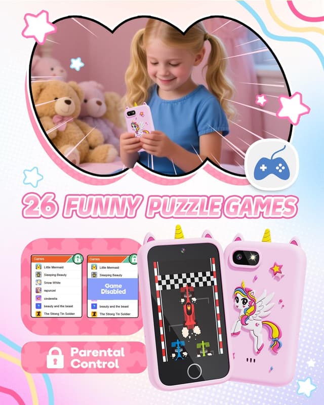 Thumbnail 6 de Kids Smart Phone Unicorn Toy Phone (3.5") for Girls 3–9+ with Dual Camera, Storytelling, Music Player