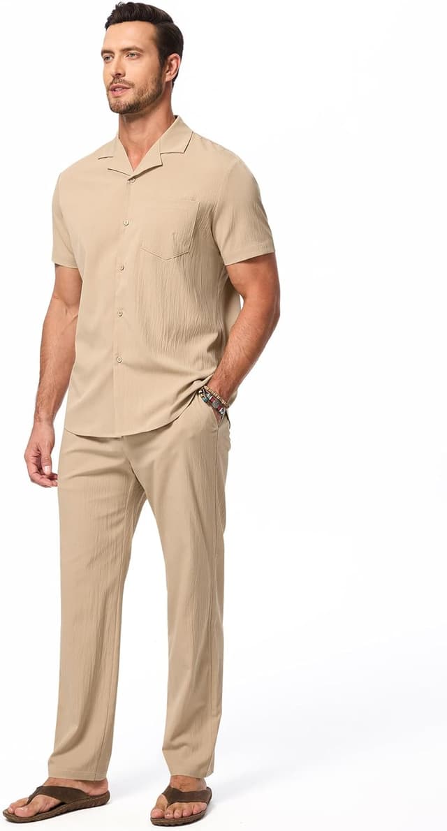 Thumbnail 6 de JMIERR Men Texture 2-Piece Outfit Short Sleeve Beach Button-Down Shirt & Pant Set