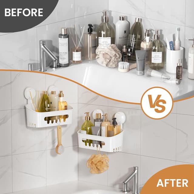 Detalle de LEVERLOC Suction Shower Caddy with 2 Baskets and No-Drill Storage Shelf (White)