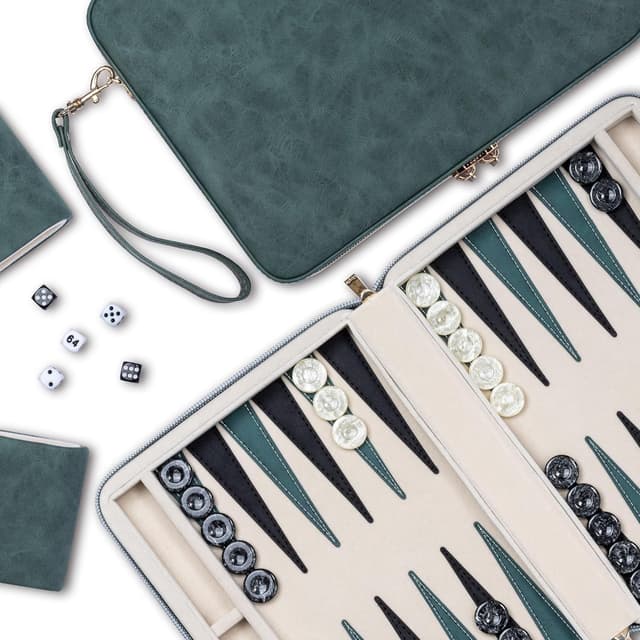 Detalle de Backgammon-Set für Erwachsene mit faltbarem Kunstleder-Backgammonetui, 30 Kunsthorn-Checkern (Green)