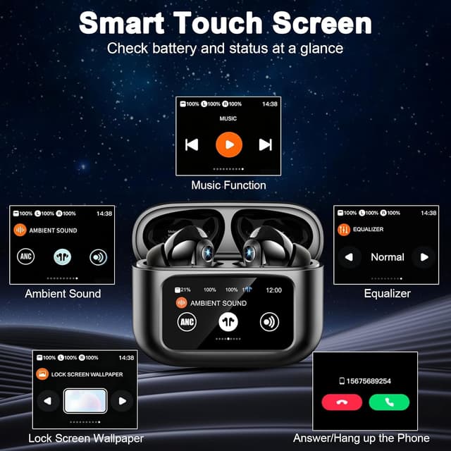 Thumbnail 3 de buwy Bluetooth Kopfhörer mit Touch-LED-Display, ANC+ENC und IP7 Schutz (40 Std., Schwarz)