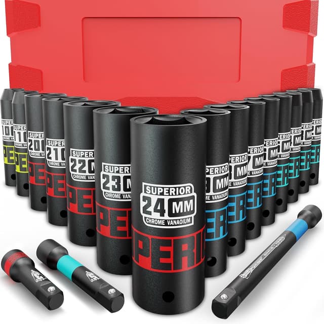 Detalle de KIRXST Set bussole a impatto 1/2" 10–24 mm (18 pezzi) con barre di estensione 3”, 5” e 10”