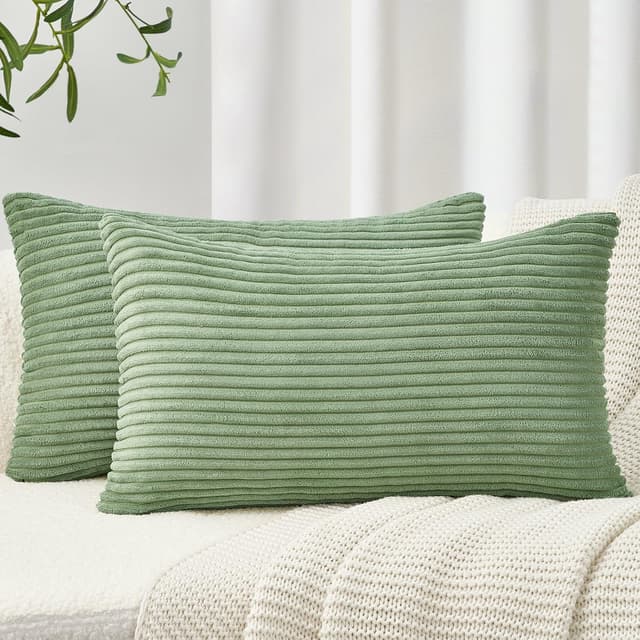 Detalle de Topfinel 2er-Set Kissenbezug 50x30 cm grün aus Kordsamt mit gestreiftem Muster