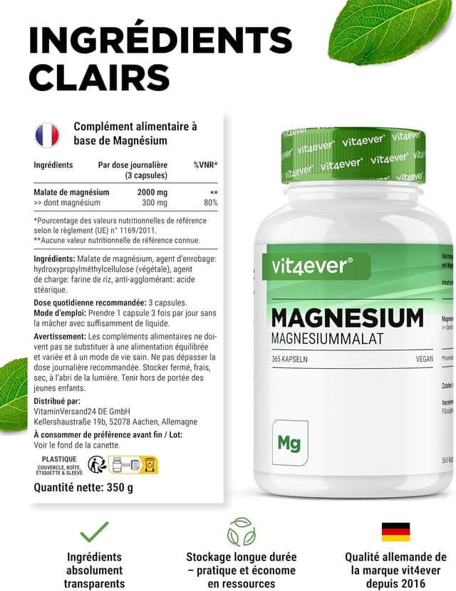Detalle de Vit4ever Malate de magnésium – 365 gélules (2000 mg dont 300 mg de magnésium élémentaire) – Végan