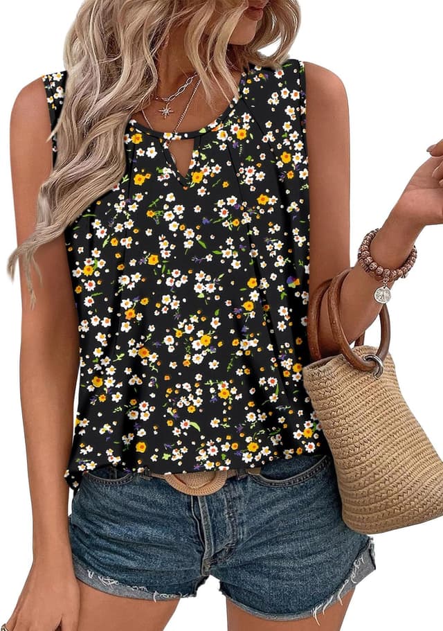 Detalle de KISSMODA womens sleeveless summer crew neck tank tops (loose pleated cami tunic)