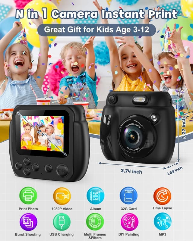Detalle 2 de Gofunly Kids Instant-Print Camera (1080P, 2.4-inch) with 32GB Card & 3 Paper Rolls, Black