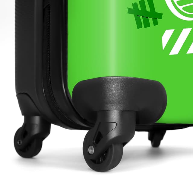 Detalle de Valigia grande rigida NoBoringSuitcases.com con serratura TSA, trolley medio e design Orsetto di Peluche verde