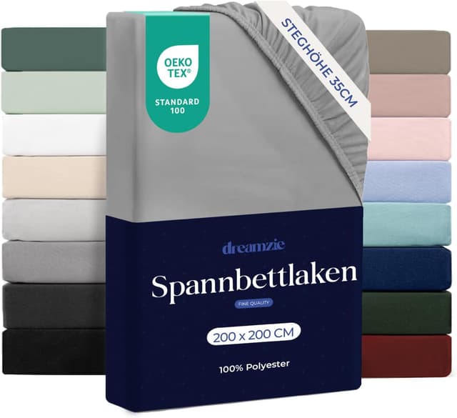 Detalle de Dreamzie Spannbettlaken 200x200 aus Mikrofaser (Oeko-Tex), für dicke Matratzen – Grau