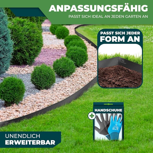 Detalle de KESSER® Rasenkante/Beeteinfassung Beetbegrenzung mit Stecksystem, Metall (schwarz) + Handschuhe, 15 m, 100 x 18 cm