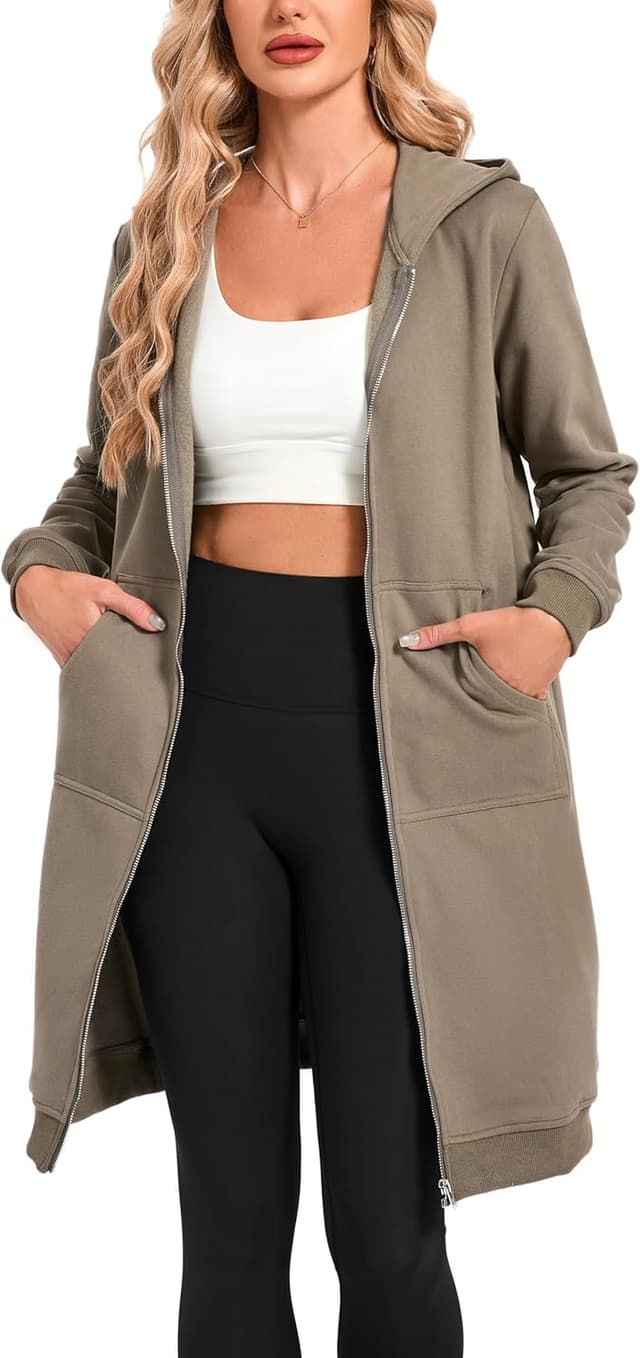 Detalle 2 de Timuspo veste à capuche longue pour femme, coton-polyester, zippée avec poches