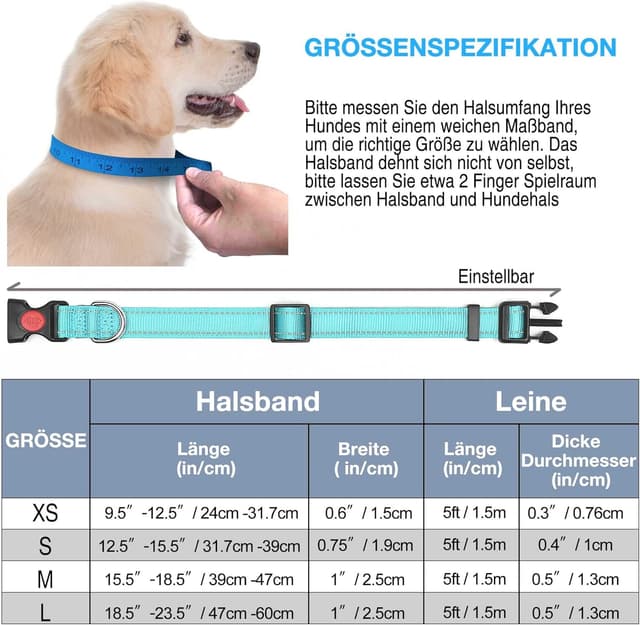 Thumbnail 6 de haapaw reflektierendes gepolstertes Hundehalsband aus Neopren (Nylon) inkl. 1,5 m Hundeleine