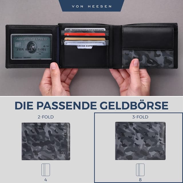 Detalle de VON HEESEN Leder-Geldbörse mit RFID-Schutz (Camouflage Grau) – Echtleder-Portemonnaie