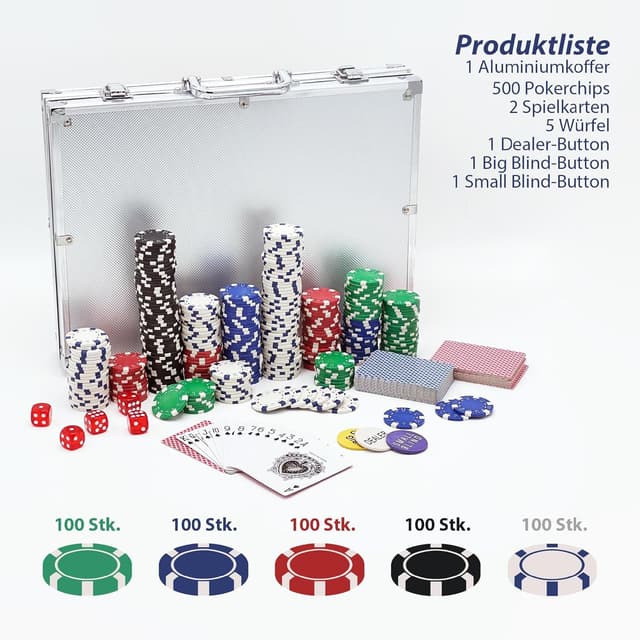 Detalle 2 de PLAYWUS Pokerkoffer mit 500 Laserchips, 2 Pokerdecks & 3 Button – Komplettset im Aluminiumkoffer