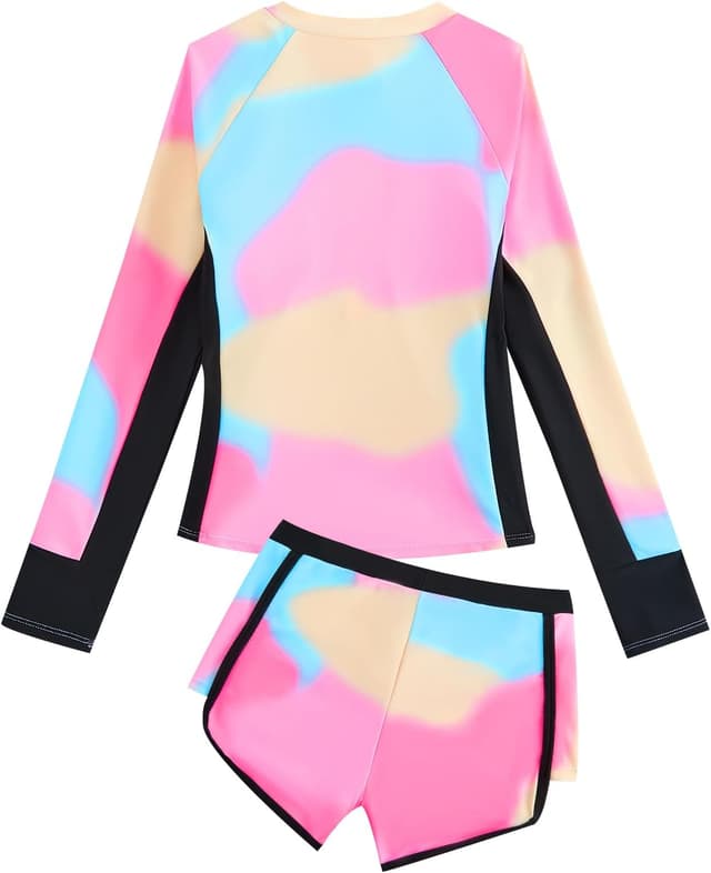 Detalle de JiAmy Mädchen Badeanzug Zweiteiler mit Langarm-UV-Schwimmshirt und Badehose (Gr. 122–152)