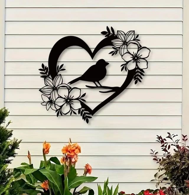 Detalle de BGJJGT Metal Bird Wall Decor (Black), Heart-Shaped Garden Wall Art for Outdoor & Indoor Walls