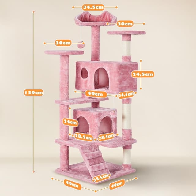 Detalle de Yaheetech Albero tiragraffi per gatti da 137 cm con 2 casette e 2 palline in peluche (sisal naturale) rosa