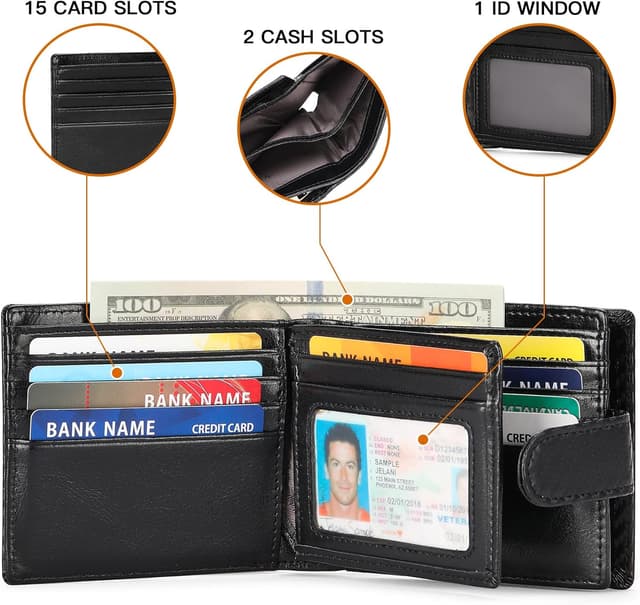 Detalle 2 de GAEKEAO RFID blocking leather bifold wallet with zip coin pocket and ID window (15 card slots)