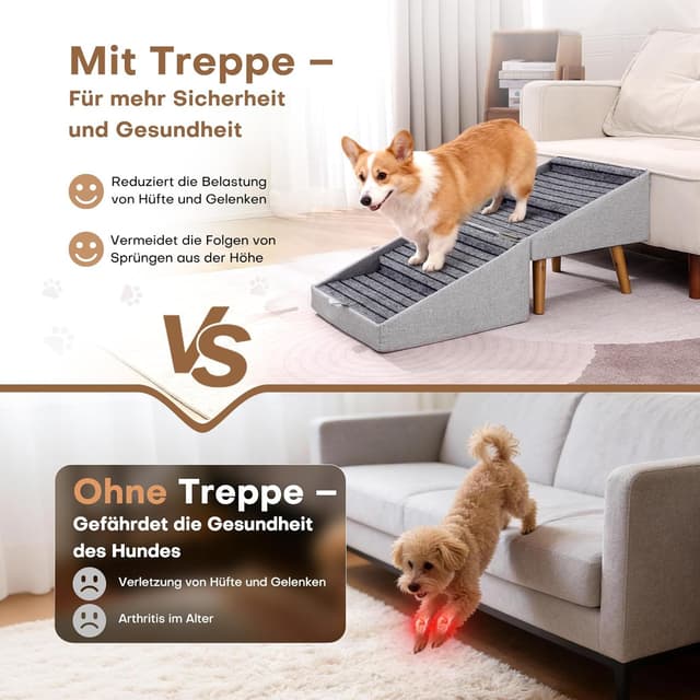 Detalle de Hundetreppe 2-in-1 aus Holz für Couch & Bett – klappbar, rutschfester Komfortbezug (Hellgrau, 43,5 cm hoch)