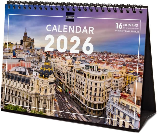Detalle de Finocam Tischkalender 2026 mit Monatsansicht (Jan–Dez. 2026 + Sep–Dez. 2025 reduziert) und mehrsprachigem Kalendarium
