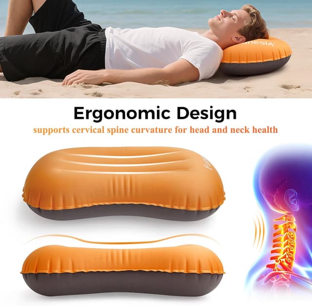 Detalle de Funesla Camping Pillow Inflatable (Compressible, Lightweight) – Backpacking, Hiking & Travel Pillow, Beach-Orange