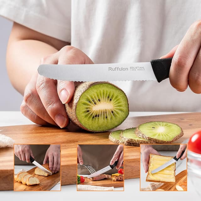 Thumbnail 6 de Ruffulon Frühstücksmesser-Set (2 Stück) mit Wellenschliff – Edelstahl-Tafelmesser für Brot & Tomaten