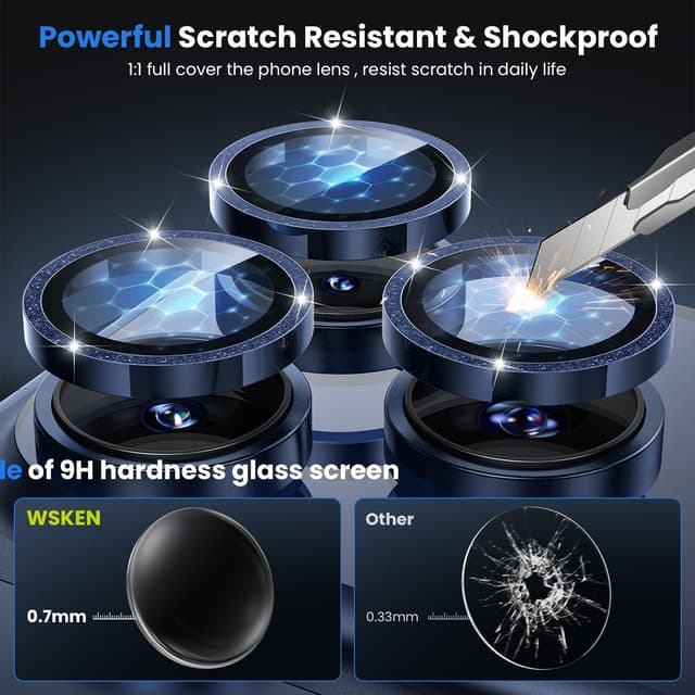Detalle de WSKEN for iPhone 17 Pro / Pro Max Camera Lens Protector (Glitter Deep Blue) with 9H tempered glass ring cover