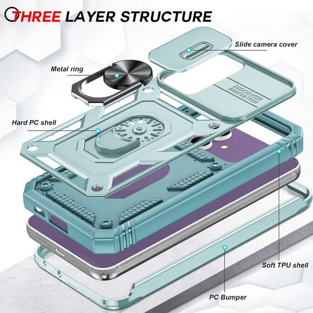 Detalle de LeYi Galaxy S23 FE case with camera cover slider and ring stand (green) + 2-pack tempered glass screen protectors