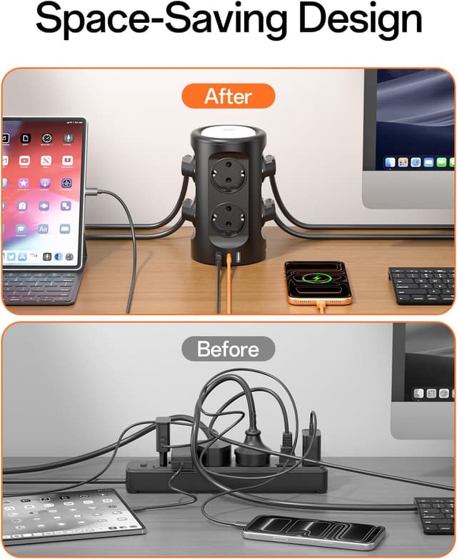 Detalle de Tour multiprise USB 11 en 1 : 8 prises Schuko + 3 USB, 2 m avec veilleuse et protection contre la surtension