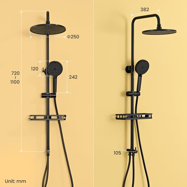 Detalle 2 de Auralum Colonna doccia con mensola XXL e saliscendi, senza miscelatore (altezza 72–110 cm, nero Ø25 cm)