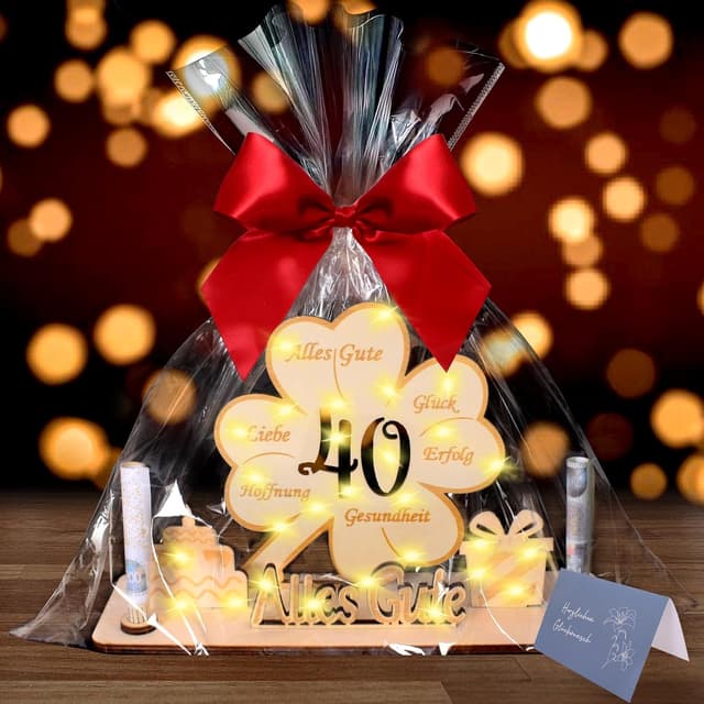 Thumbnail 1 de Geldgeschenk 40 Geburtstag LED Kleeblatt Holz Gästebuch