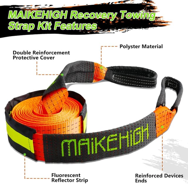 Detalle de MAIKEHIGH Tow Rope 5m x 5cm (10 Ton / 22,000 Lbs) Off-Road Recovery Strap with Gloves and Shackles