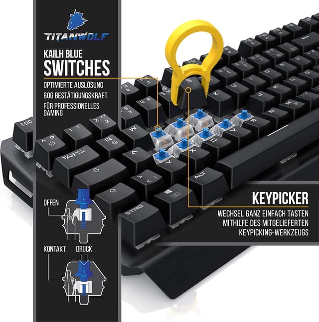 Detalle 1 de TITANWOLF Gaming Set: Mechanische Tastatur ALUMAR 10800dpi Maus