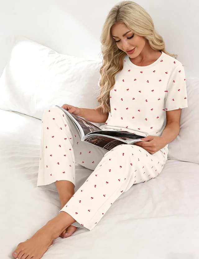 Detalle de Rapbin Damen Schlafanzug Lang – Zweiteiliges Pyjama-Set mit Taschen (Kurzarmshirt & Schlafanzughose)