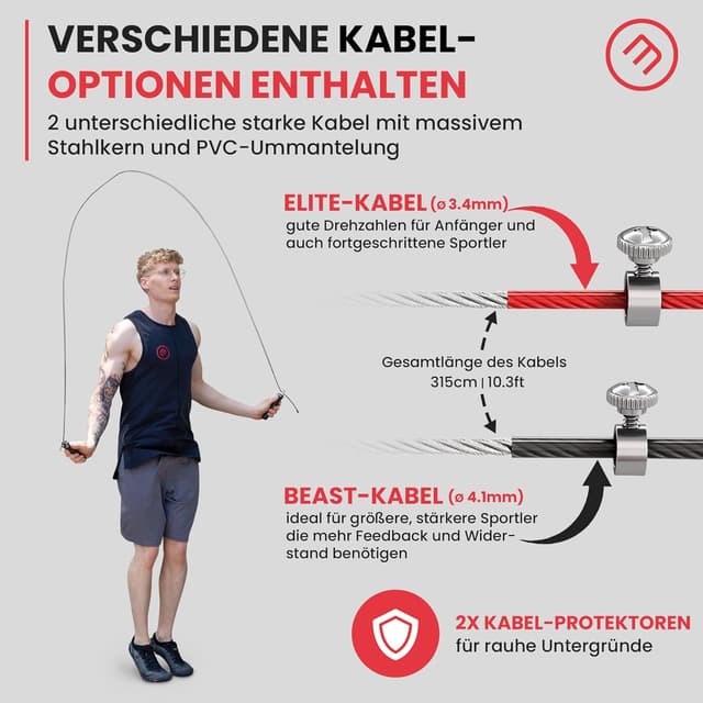 Detalle 2 de Springseil Speed Rope mit Trainings-E-Book & Ersatzkabel – 2 verstellbare Stahlseile, Profi-Kugellager