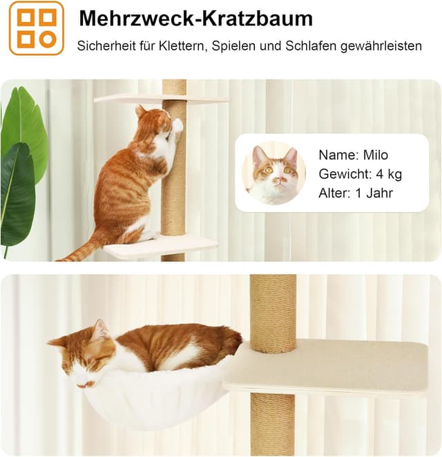 Detalle 2 de FUKUMARU Kratzbaum mit 4 Etagen bis zur Decke (250–274 cm), wandmontiert, Jute & Hängematte – beige