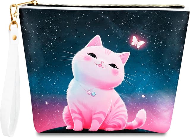 Detalle de BuyCard Cat-Themed Starry Sky Pink Cat Makeup Gift Bag with Zipper