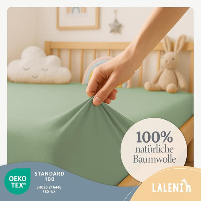 Detalle de Laleni Jersey Spannbettlaken 100x100 cm für Baby-Beistellbett & Stubenwagen, 100 % Baumwolle (OEKO-TEX), grün