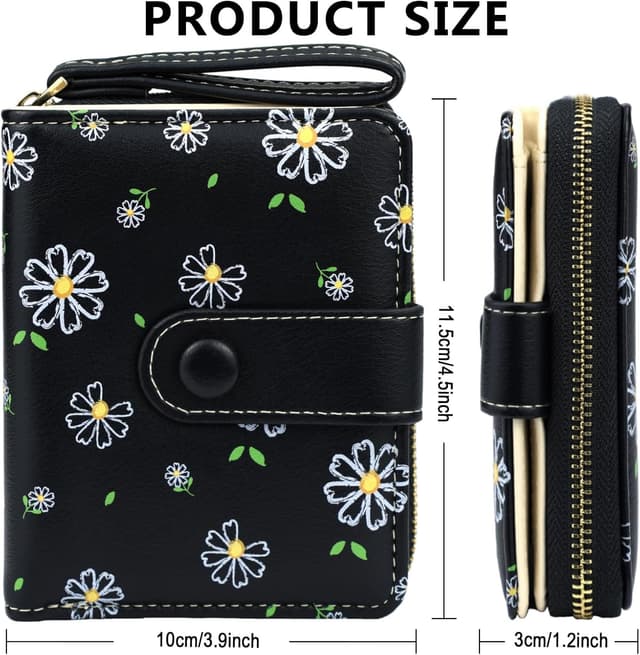 Detalle 2 de Farcauo mini porte-monnaie pour femme : petit portefeuille multifonctions noir à motif fleurs