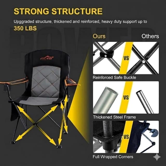 Detalle de FAIR WIND 2 Pack Fully Padded Camping Chairs (350LBS) with Cup Holder & Side Pocket