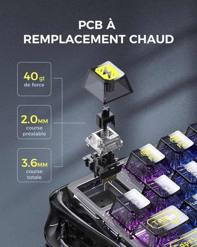 Detalle 2 de GravaStar Mercury K1 Lite clavier mécanique 75% RGB rétroéclairé (BT 5.0, 2,4G, Type-C) QWERTY noir transparent