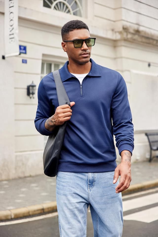 Detalle de COOFANDY Polo homme manches longues en tricot avec fermeture éclair