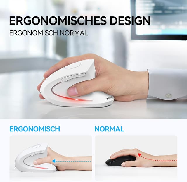 Detalle de TECKNET ergonomische vertikale Bluetooth-Maus mit 3 Geräten (BT+BT+USB) und 6 DPI-Stufen