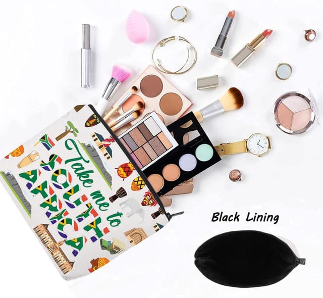 Detalle de LEVLO South Africa Symbols Travel Cosmetic Bag (Cotton Canvas 23cm x 17cm) – Zip Pouch Makeup Bag